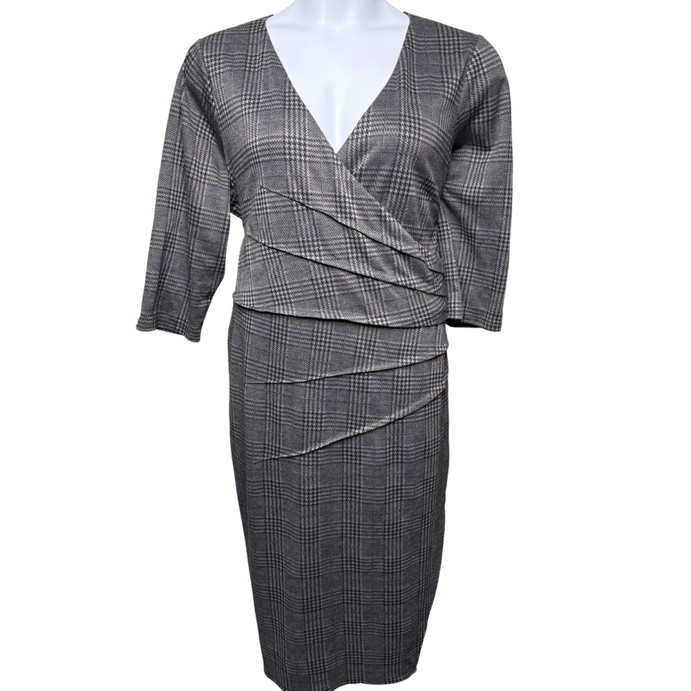 NWT LONDON TIMES Woman Gray Plaid Faux Wrap Sheath Dress 20W Ruched Career Chic